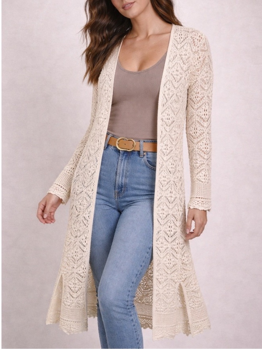 Freshman 1996 NWT Beige Crochet Knit Long Cardigan Size Large